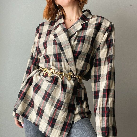 Vintage Requirements Beige Red Plaid Linen Blend Oversized Boyfriend Blazer - Picture 1 of 8